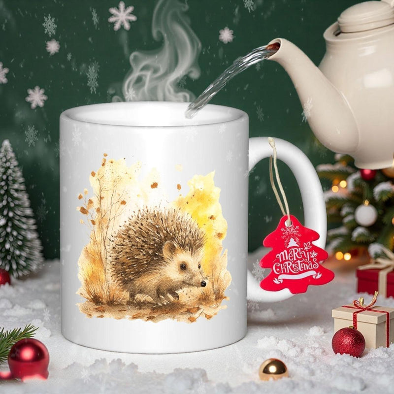Tailorly White Ceramic 11 oz Mug - Merry Christmas Golden Autumn Leaves Surrounding A Cute Tiny Little Spiky Woodland Hedgehog