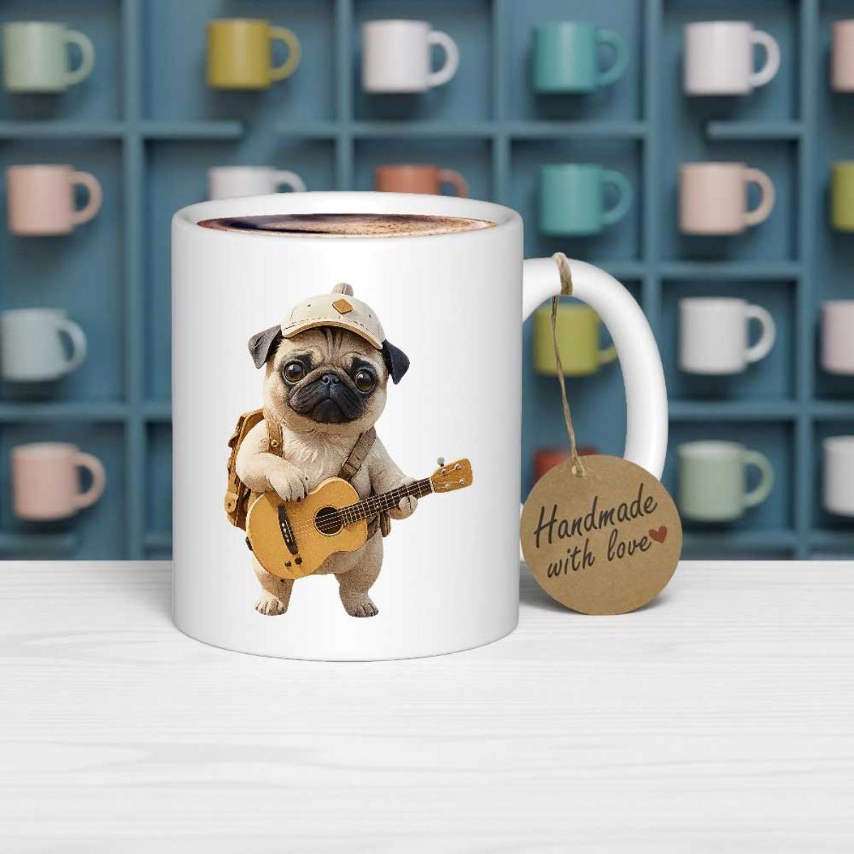 Tailorly White Ceramic 11 oz Mug - Adorable Musical Pug Wearing Small Explorer Hat Playing Acoustic Wooden Guitar Pug