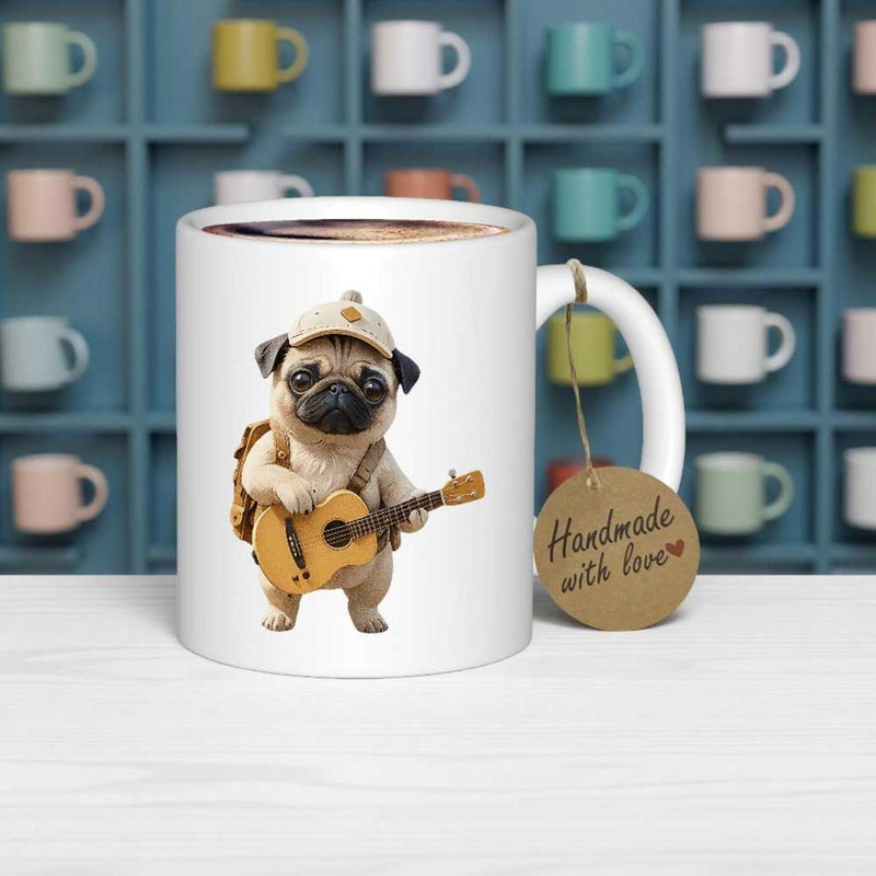 Tailorly White Ceramic 11 oz Mug - Adorable Musical Pug Wearing Small Explorer Hat Playing Acoustic Wooden Guitar Pug