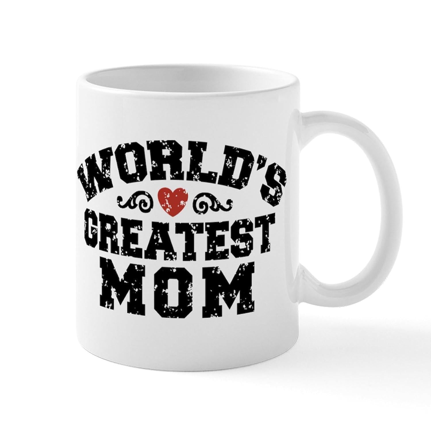 Tailorly White Ceramic 11 oz Mug - Worlds Greatest Mom Distressed Vintage Style With Small Red Heart And Decorative Swirl Flourishes Mug