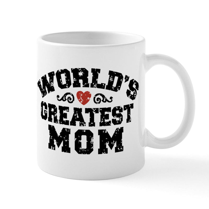 Tailorly White Ceramic 11 oz Mug - Worlds Greatest Mom Distressed Vintage Style With Small Red Heart And Decorative Swirl Flourishes Mug