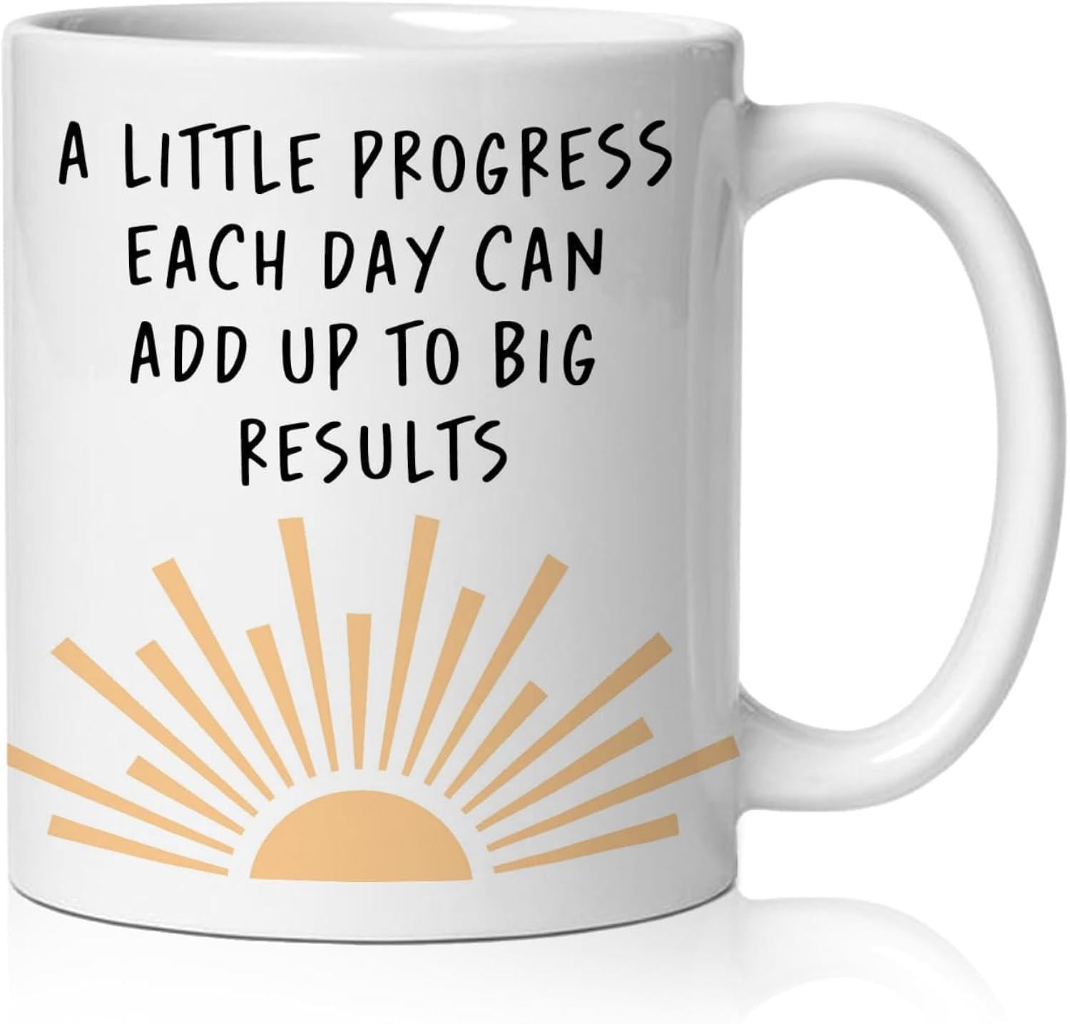 Tailorly White Ceramic 11 oz Mug - A Little Progress Each Day Can Add Up To Big Results Minimalist Rising Sun With Geometric Rays Spreading Warmth In Simple Style