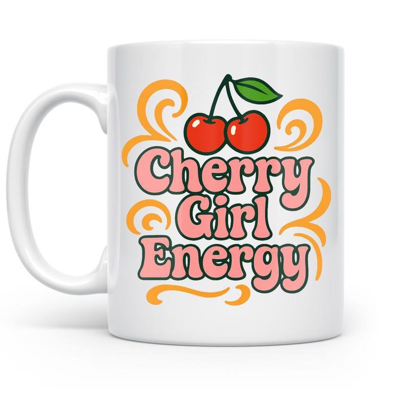 Tailorly White Ceramic 11 oz Mug - Cherry Girl Energy Vibrant Red Fruits With Green Leaves Among Golden Swirls Cherries