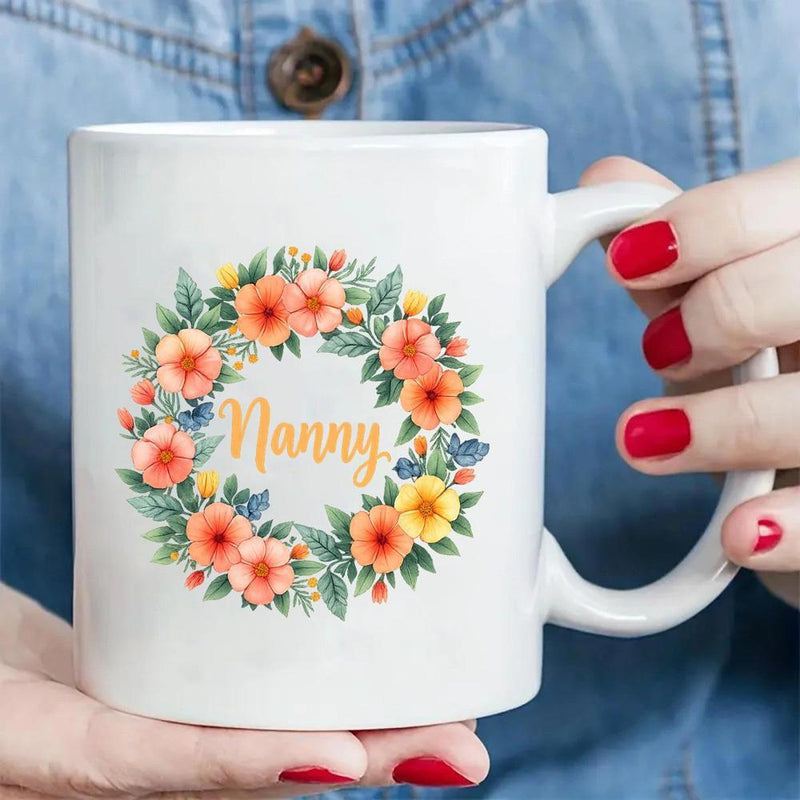 Tailorly White Ceramic 11 oz Mug - Nanny Elegant Watercolor Arrangement Featuring Vibrant Orange And Yellow Spring Flowers Wreath
