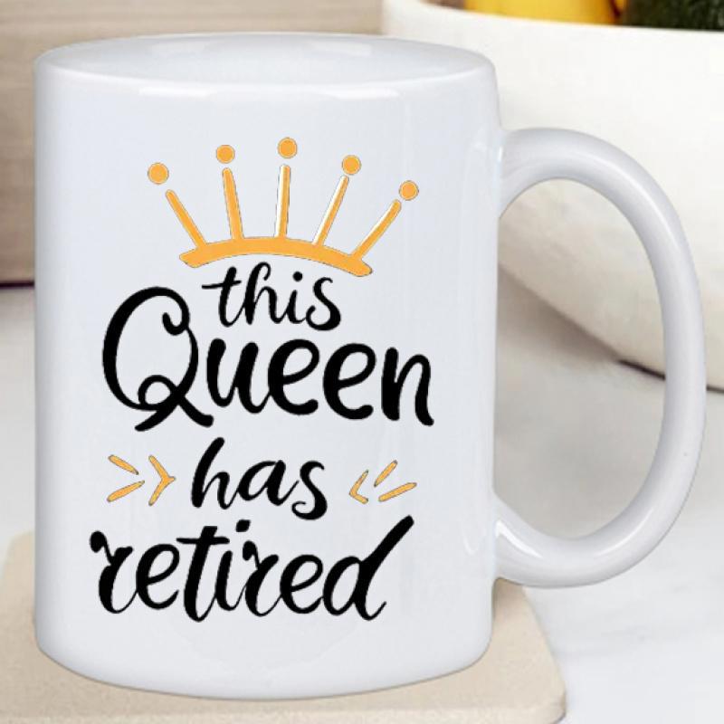 Tailorly White Ceramic 11 oz Mug - This Queen Has Retired Minimalist Yellow Crown Illustration Featuring Elegant Script Lettering On