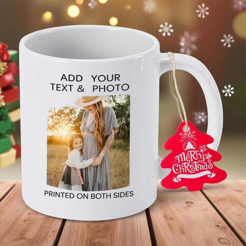 Tailorly White Ceramic 11 oz Mug - Add Your Text Photo Printed On Both Sides Merry Christmas Elegant Mother And Child Hugging Under Golden Sunset Light Mug