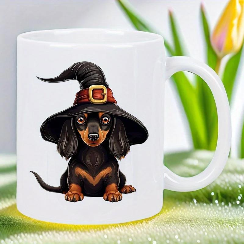 Tailorly White Ceramic 11 oz Mug - Adorable Black Dachshund Wearing Pointed Witch Hat Sitting Under Soft Sunlight Dachshund