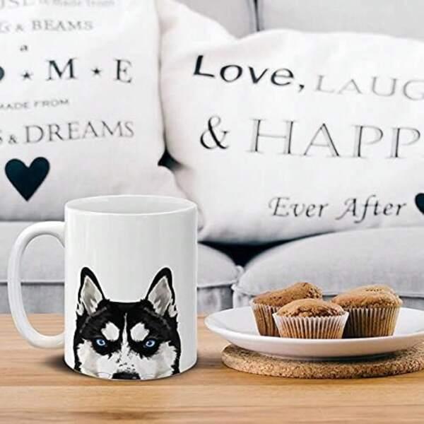 Tailorly White Ceramic 11 oz Mug - Loyal Siberian Dog Peeking From Bottom With Distinctive Facial Markings Husky