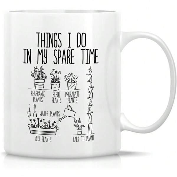 Tailorly White Ceramic 11 oz Mug - Things I Do In My Spare Time Minimalist Line Art Sketches Of Various Potted Plants Gardening