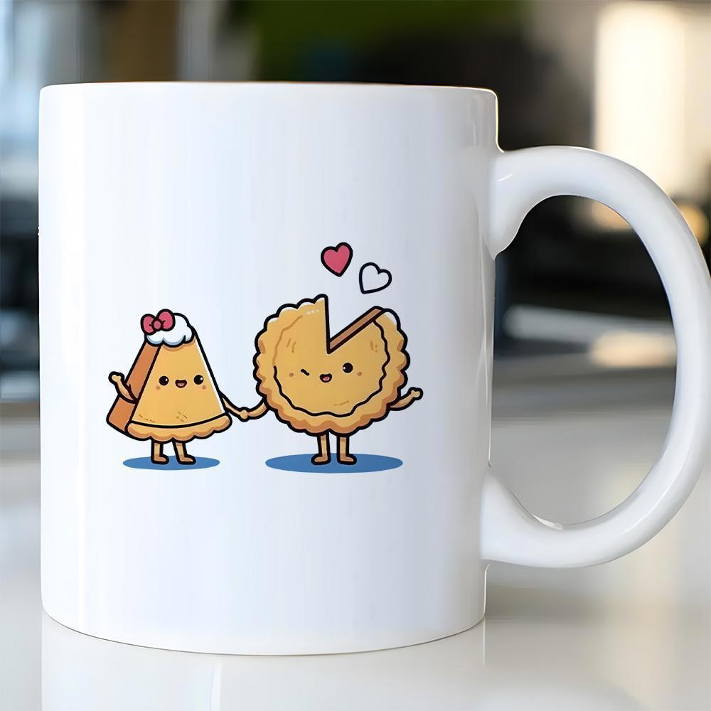 Tailorly White Ceramic 11 oz Mug - Cute Cartoon Sweet Pumpkin Characters Holding Hands With Small Red Hearts Pie