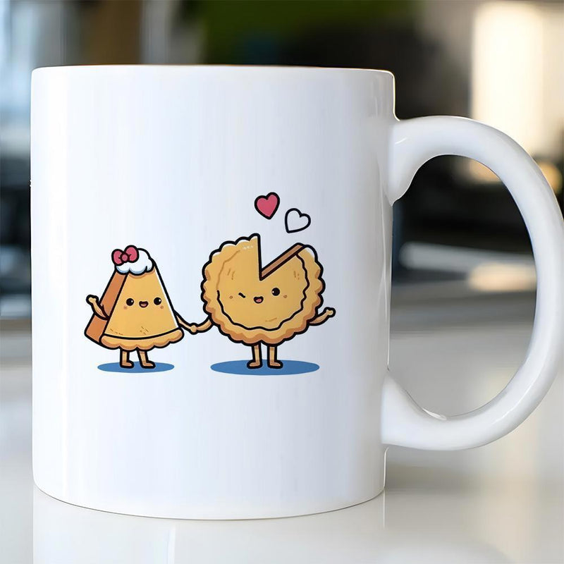 Tailorly White Ceramic 11 oz Mug - Cute Cartoon Sweet Pumpkin Characters Holding Hands With Small Red Hearts Pie