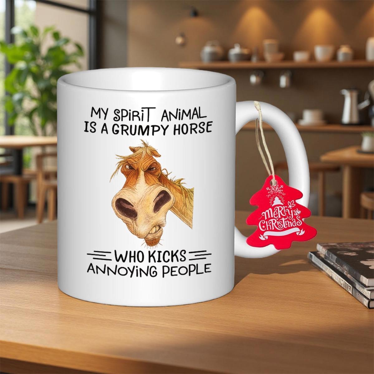 Tailorly White Ceramic 11 oz Mug - My Spirit Animal Is A Grumpy Horse Who Kicks Annoying People Funny Cartoon Head With Expressive Eyes And Large Detailed Nostrils