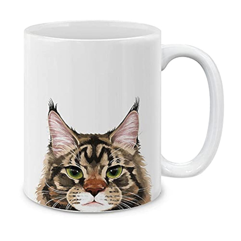 Tailorly White Ceramic 11 oz Mug - Detailed Tabby Portrait Featuring Green Eyes And Fluffy Tufted Ears Cat
