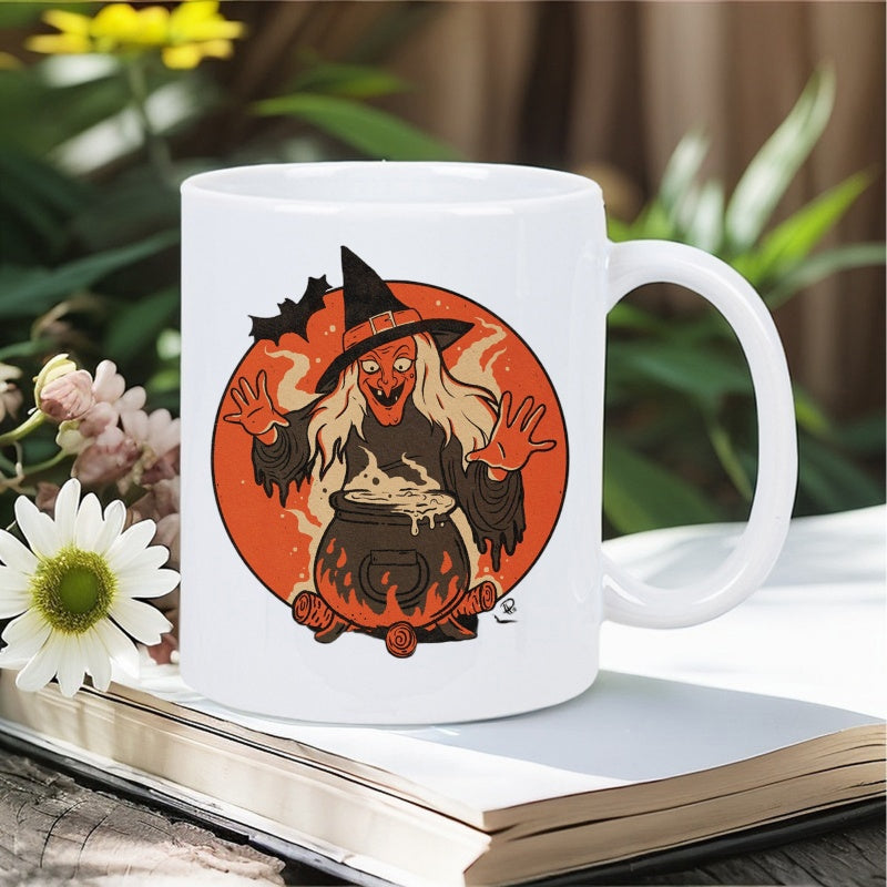 Tailorly White Ceramic 11 oz Mug - Spooky Halloween Witch Stirring Bubbling Cauldron Inside Bright Orange Circular Background Witch