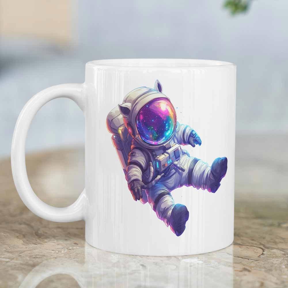 Tailorly White Ceramic 11 oz Mug - Vibrant Space Explorer With Shimmering Nebula Visor Floating In Dark Void Astronaut