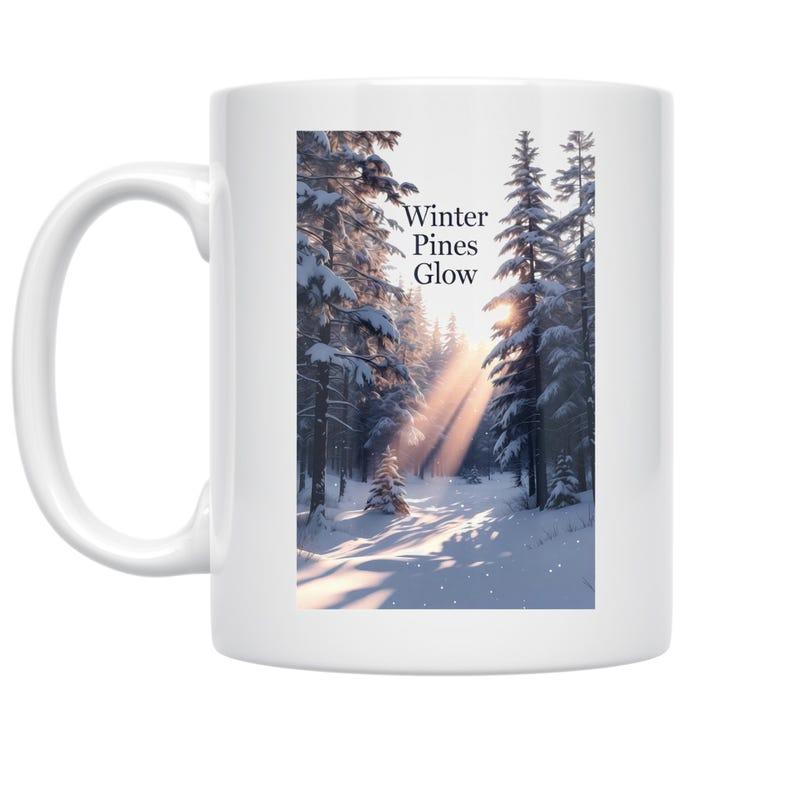 Tailorly White Ceramic 11 oz Mug - Winter Pines Glow Golden Sunbeams Streaming Through Snow Covered Tall Trees In Dense Forest