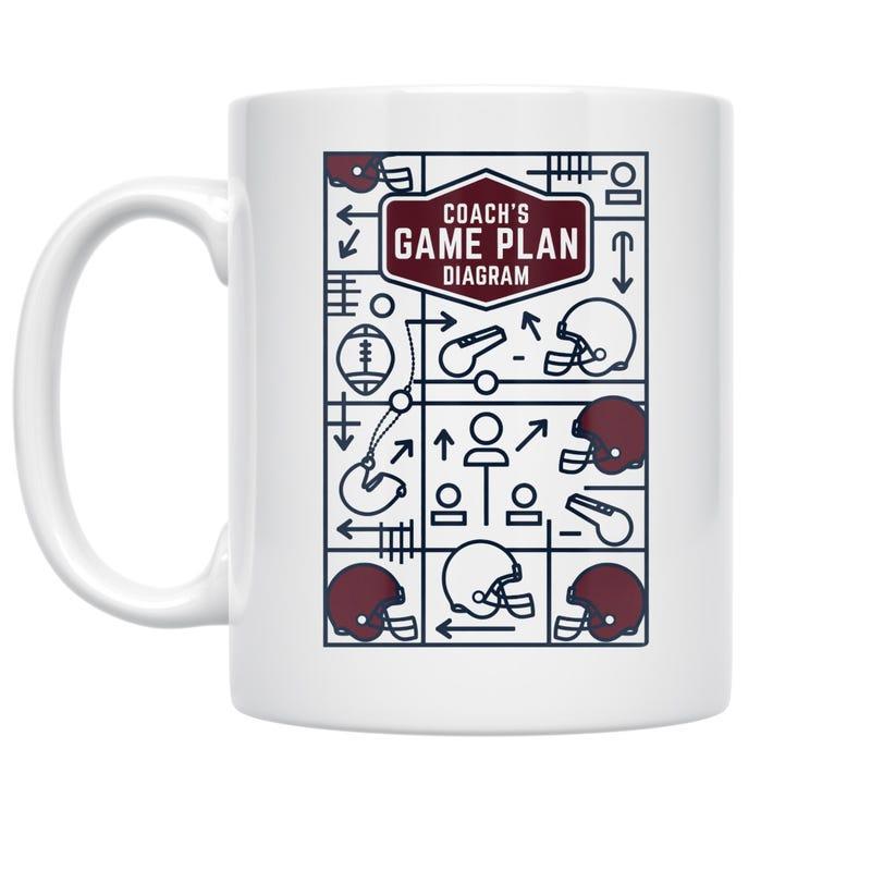Tailorly White Ceramic 11 oz Mug - Coach's Game Plan Diagram Organized Sports Grid Layout With Helmets And Play Tactics Diagram