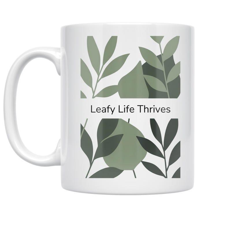 Tailorly White Ceramic 11 oz Mug - Leafy Life Thrives Minimalist Green Tropical Leaves Arranged In Artistic Structured Geometric Foliage