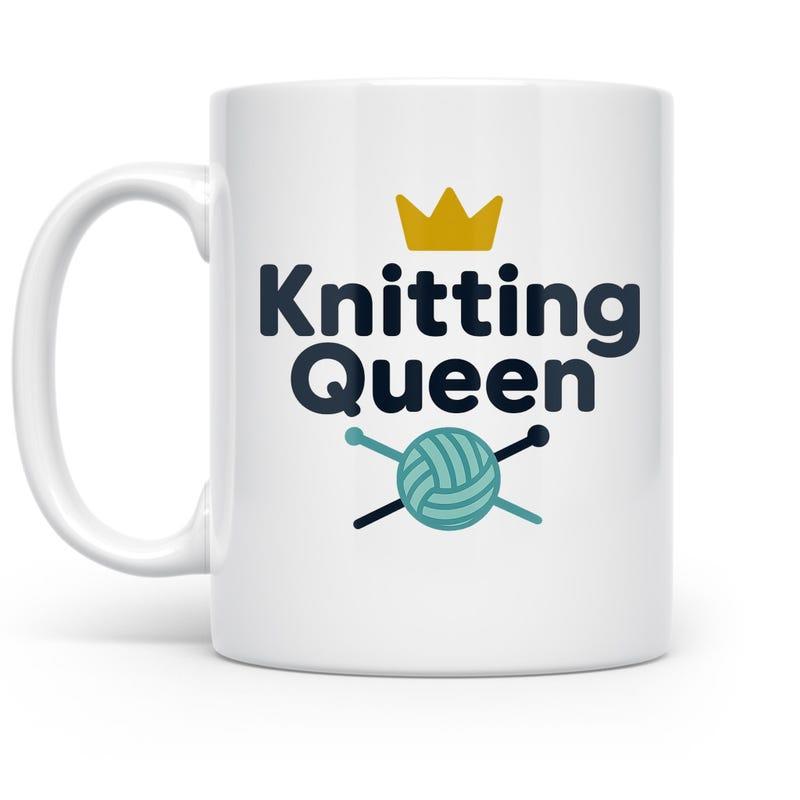 Tailorly White Ceramic 11 oz Mug - Knitting Queen Elegant Yellow Crown Above Teal Yarn Ball With Needles Mug