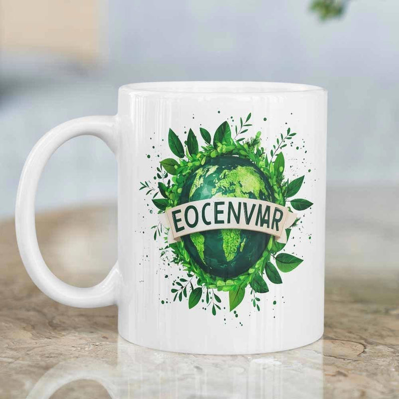 Tailorly White Ceramic 11 oz Mug - Eocenviar Lush Green Leaves Surrounding An Eco Friendly Earth Globe