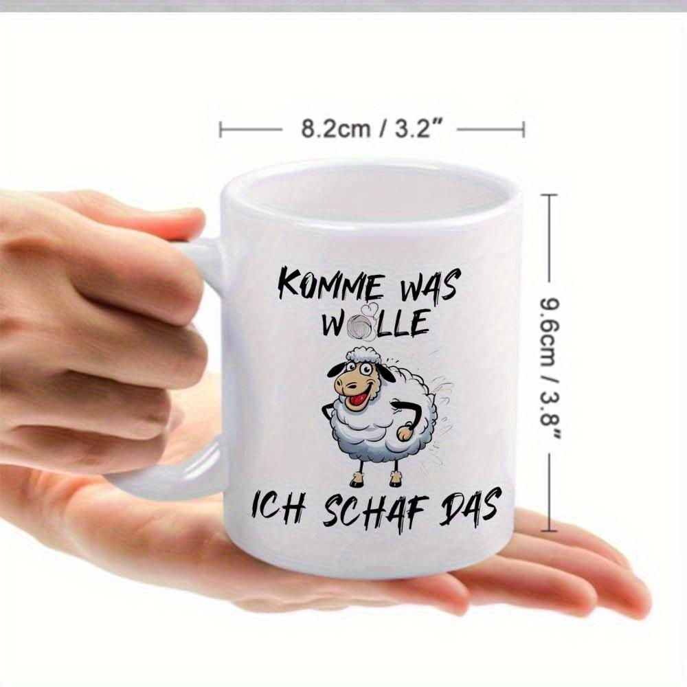 Tailorly White Ceramic 11 oz Mug - Happy Fluffy Cartoon Animal Standing Confidently With Soft White Wool Sheep
