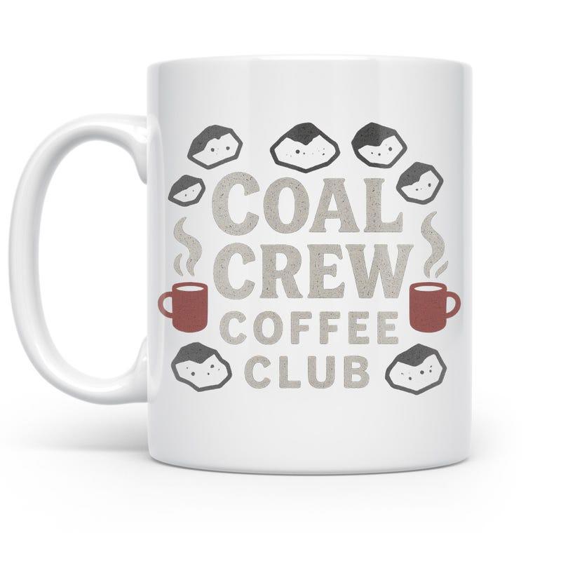 Tailorly White Ceramic 11 oz Mug - Coal Crew Coffee Club Rustic Style Steaming Mugs Surrounded By Chunks Of Dark Natural Coal Mug