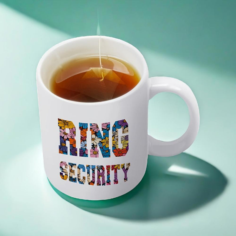 Tailorly White Ceramic 11 oz Mug - Ring Security Colorful Floral Patterns Filled Inside Bold Athletic Style Decorative Typography Sign