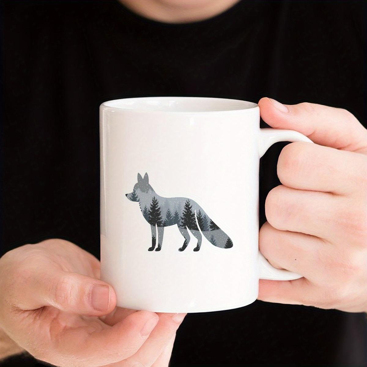Tailorly White Ceramic 11 oz Mug - Majestic Wild Silhouette Filled With Dense Evergreen Pine Forest Fox