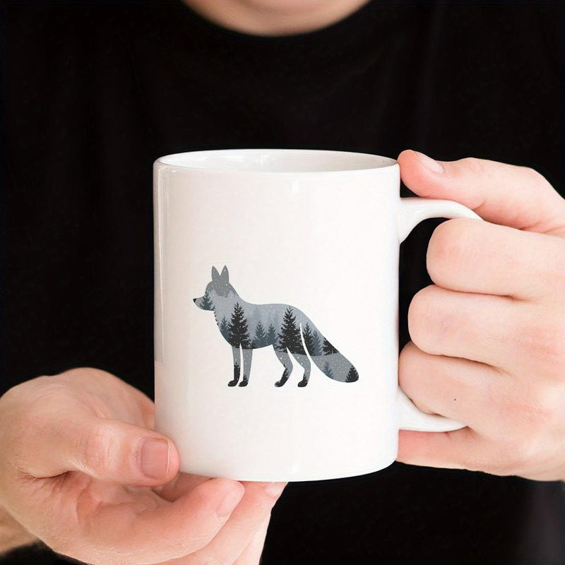 Tailorly White Ceramic 11 oz Mug - Majestic Wild Silhouette Filled With Dense Evergreen Pine Forest Fox