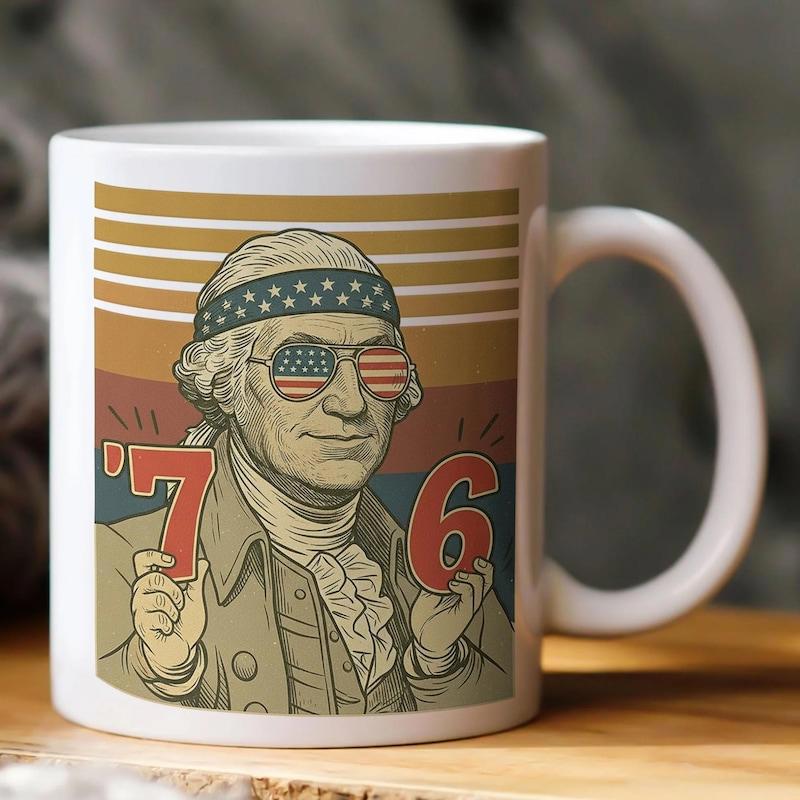 Tailorly White Ceramic 11 oz Mug - 76 Patriotic George Washington Wearing American Flag Sunglasses Under Vintage Retro Sunset Patriot