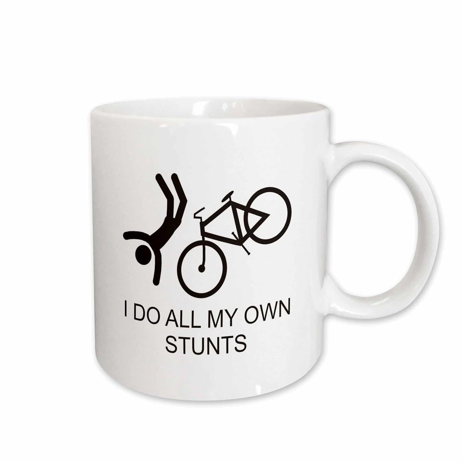 Tailorly White Ceramic 11 oz Mug - I Do All My Own Stunts Simple Black Stick Figure Falling From A Minimalist Mountain Bike Bicycle