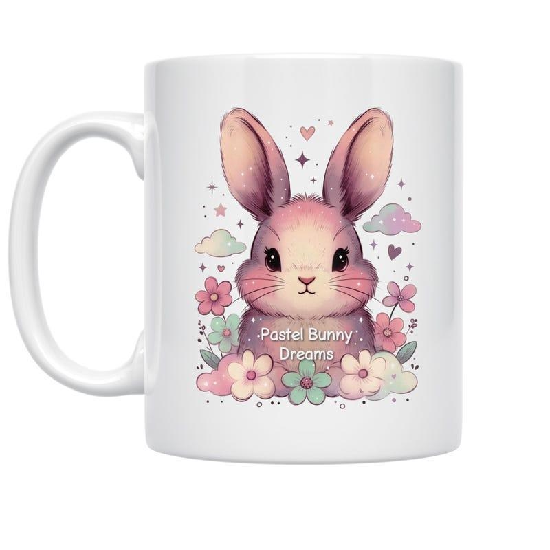 Tailorly White Ceramic 11 oz Mug - Pastel Bunny Dreams Adorable Watercolor Illustration Surrounded By Spring Flowers And Soft Clouds Rabbit