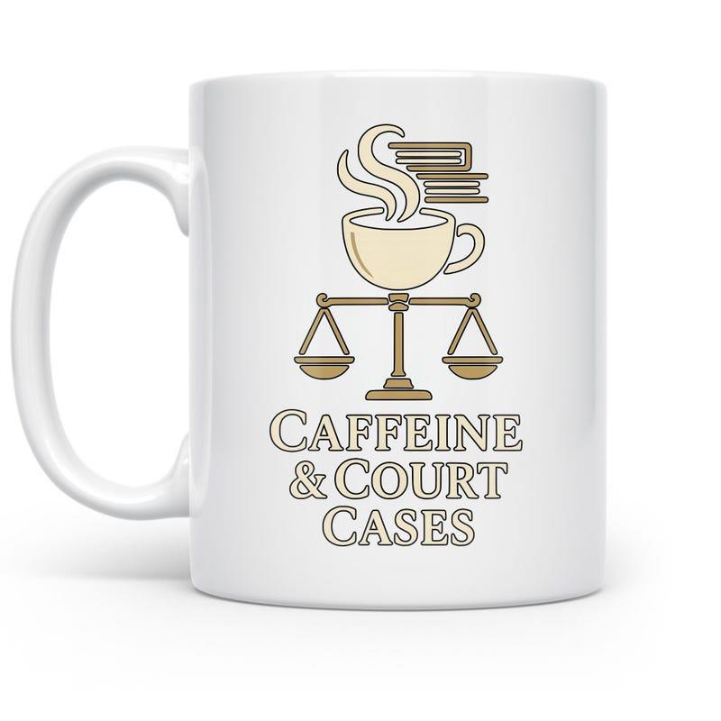 Tailorly White Ceramic 11 oz Mug - Caffeine Court Cases Steaming Coffee Cup Balancing Upon A Traditional Law Scale