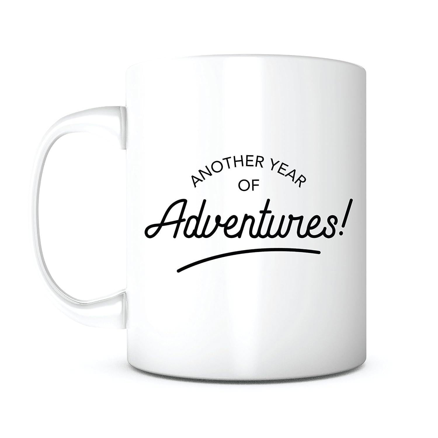 Tailorly White Ceramic 11 oz Mug - Another Year Of Adventures Minimalist With Bold Black Cursive Script Lettering Mug