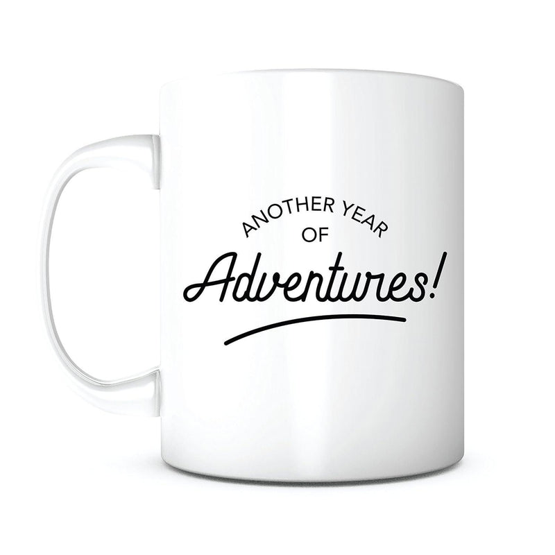 Tailorly White Ceramic 11 oz Mug - Another Year Of Adventures Minimalist With Bold Black Cursive Script Lettering Mug