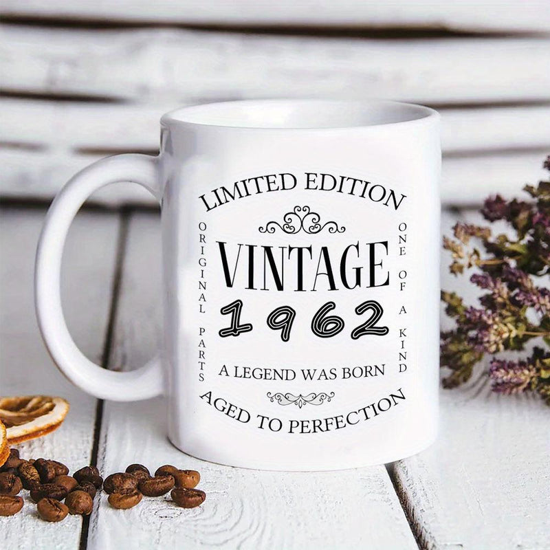 Tailorly White Ceramic 11 oz Mug - Limited Edition Vintage 1962 Classic Typographic Layout With Filigree Accents And Retro Border Frames Mug
