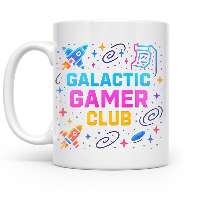 Tailorly White Ceramic 11 oz Mug - Galactic Gamer Club Vibrant Outer Space Elements With Rocket Ships And Retro Arcade Machine Mug