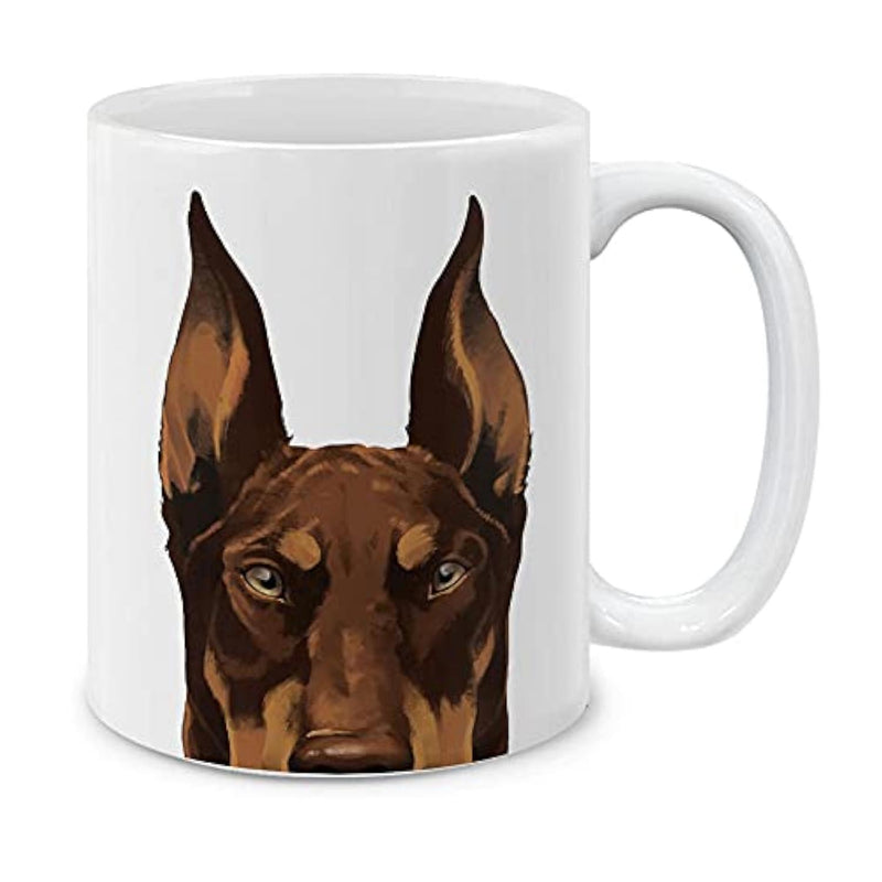 Tailorly White Ceramic 11 oz Mug - Alert Brown Doberman Pinscher With Pointed Ears Gazing Intently Forward Doberman