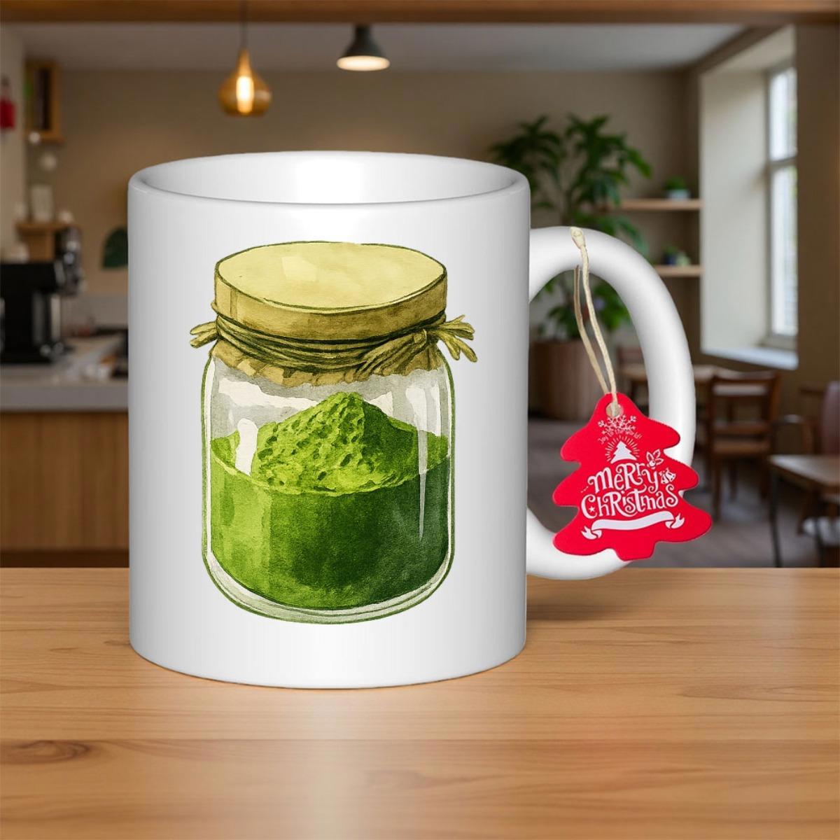 Tailorly White Ceramic 11 oz Mug - Merry Christmas Vibrant Green Matcha Powder Inside Glass Jar With Rustic Lid Jar