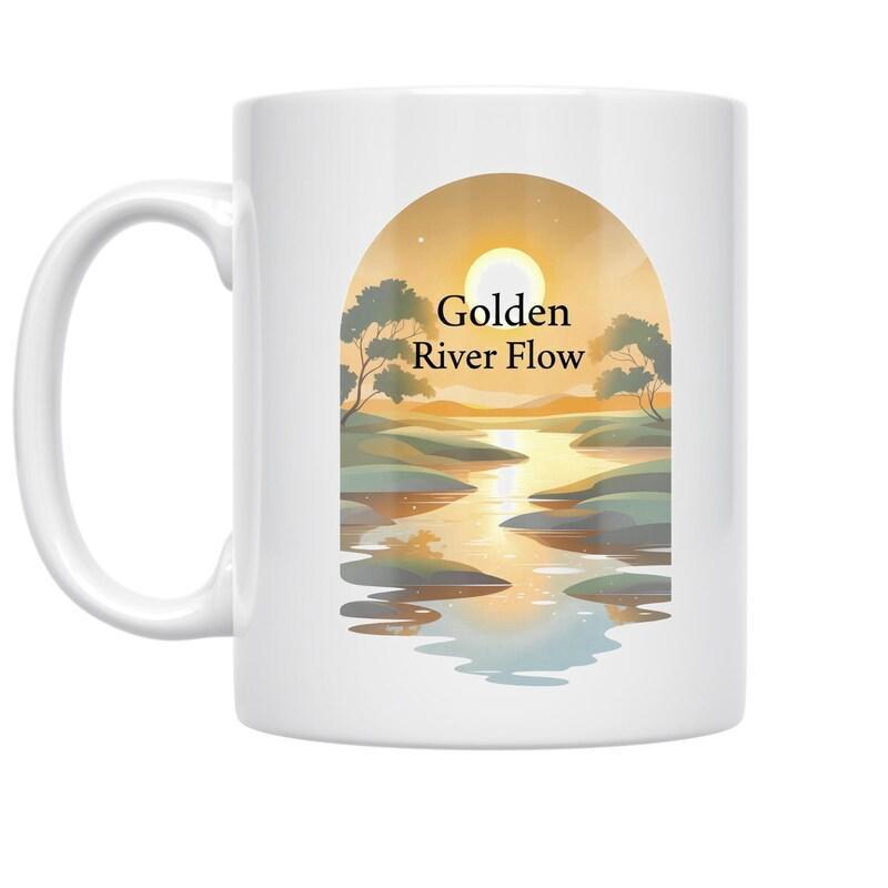 Tailorly White Ceramic 11 oz Mug - Golden River Flow Peaceful Sunset Reflection Across A Glistening Stream Amidst Green Lush Banks River