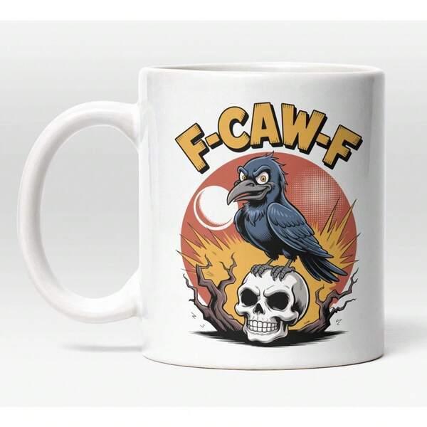 Tailorly White Ceramic 11 oz Mug - F Caw F Dark Grumpy Bird Perched On Human Skull With Barren Branches Under Sunset Raven