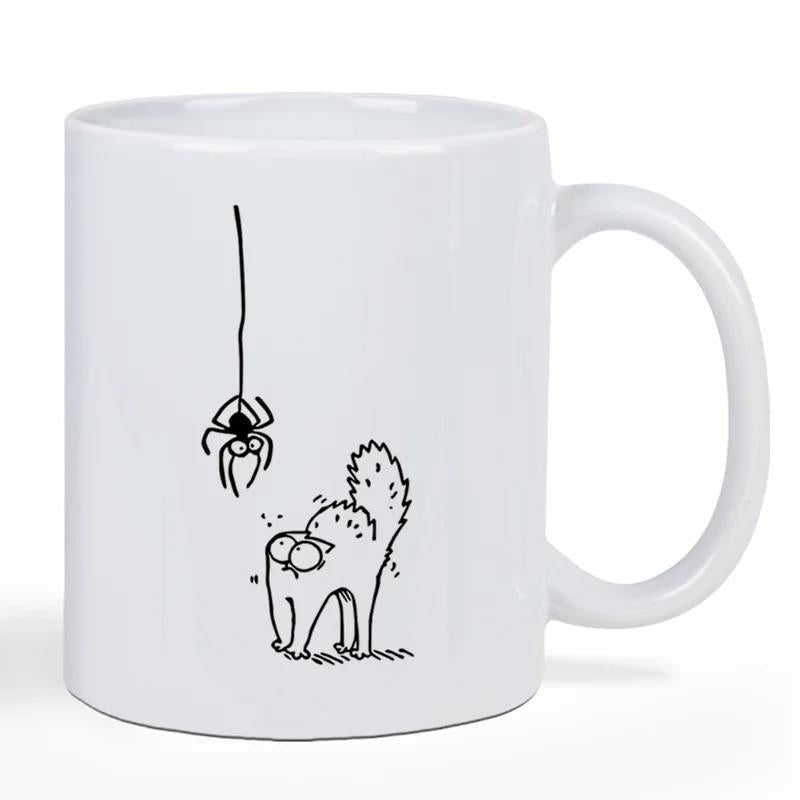 Tailorly White Ceramic 11 oz Mug - Playful Minimalist Line Drawing Of A Feline And A Dangler Spider Cat