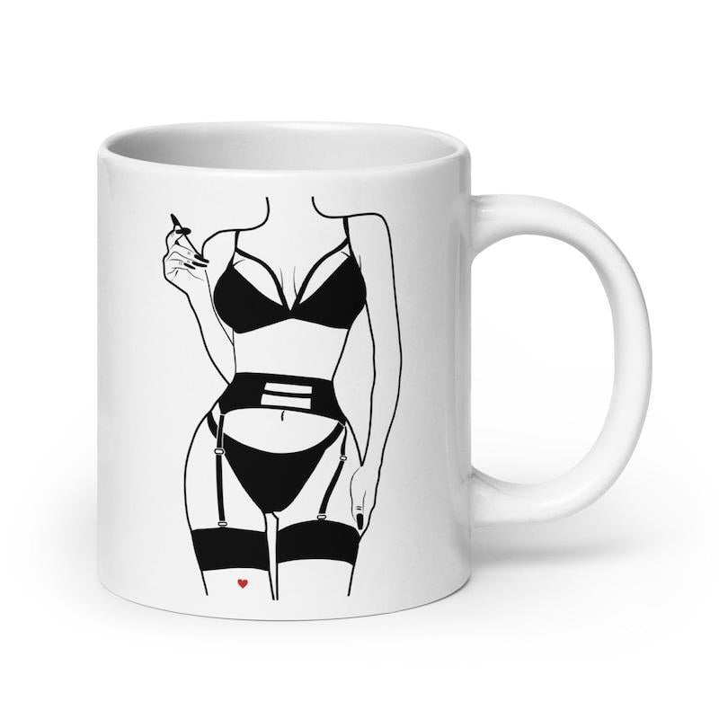 Tailorly White Ceramic 11 oz Mug - Minimalist Black Line Art Depicting Sensual Female Torso Wearing Elegant Lingerie Silhouette
