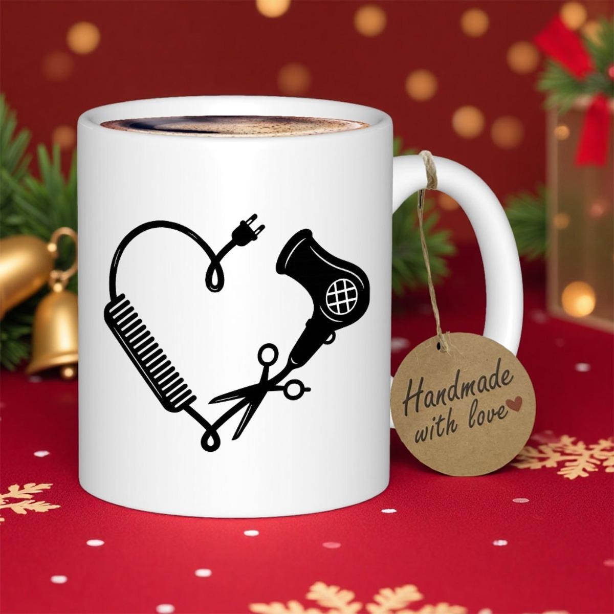 Tailorly White Ceramic 11 oz Mug - Stylized Professional Barber Tools Arranged Into A Creative Shape Heart