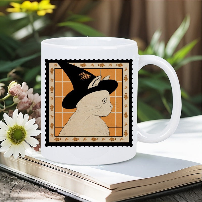 Tailorly White Ceramic 11 oz Mug - Charming Vintage Illustration Featuring A Gentle Creamy Profile Of A Whimsical Witch Cat