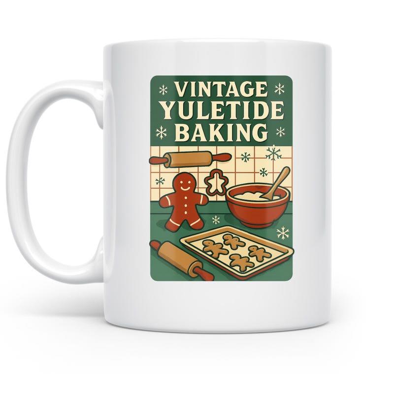 Tailorly White Ceramic 11 oz Mug - Vintage Yuletide Baking Retro Festive Kitchen Scene With Rolling Pins And Sweet Gingerbread