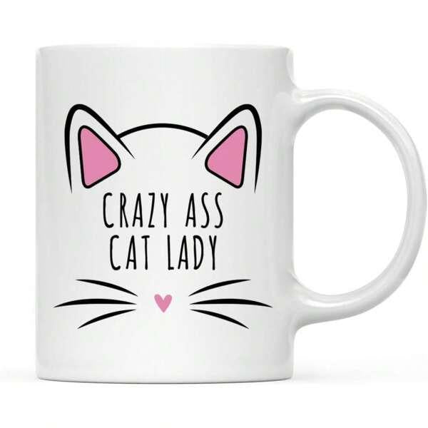 Tailorly White Ceramic 11 oz Mug - Crazy Ass Cat Lady Minimalist Black Outlines With Pink Ears And Cute Heart Nose Cat