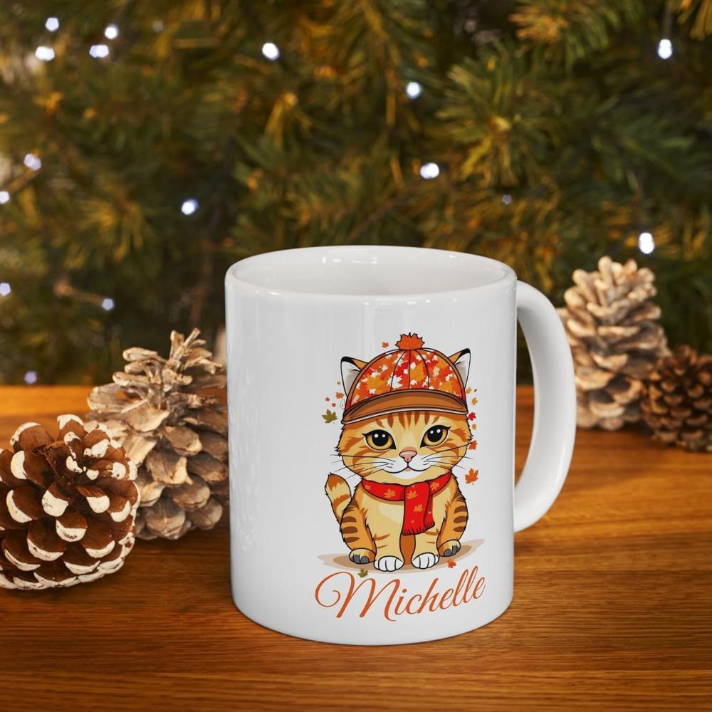 Tailorly White Ceramic 11 oz Mug - Michelle Adorable Little Orange Tabby Kitten Wearing Warm Red Winter Scarf And Knitted Hat Cat