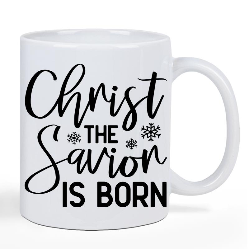 Tailorly White Ceramic 11 oz Mug - Christ The Savior Is Born Minimalist Black Lettering With Small Delicate Snowflakes On Ceramic Mug