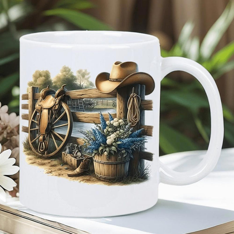 Tailorly White Ceramic 11 oz Mug - Rustic Western Elements With Saddle And Hat Hanging On Wooden Fence Scene